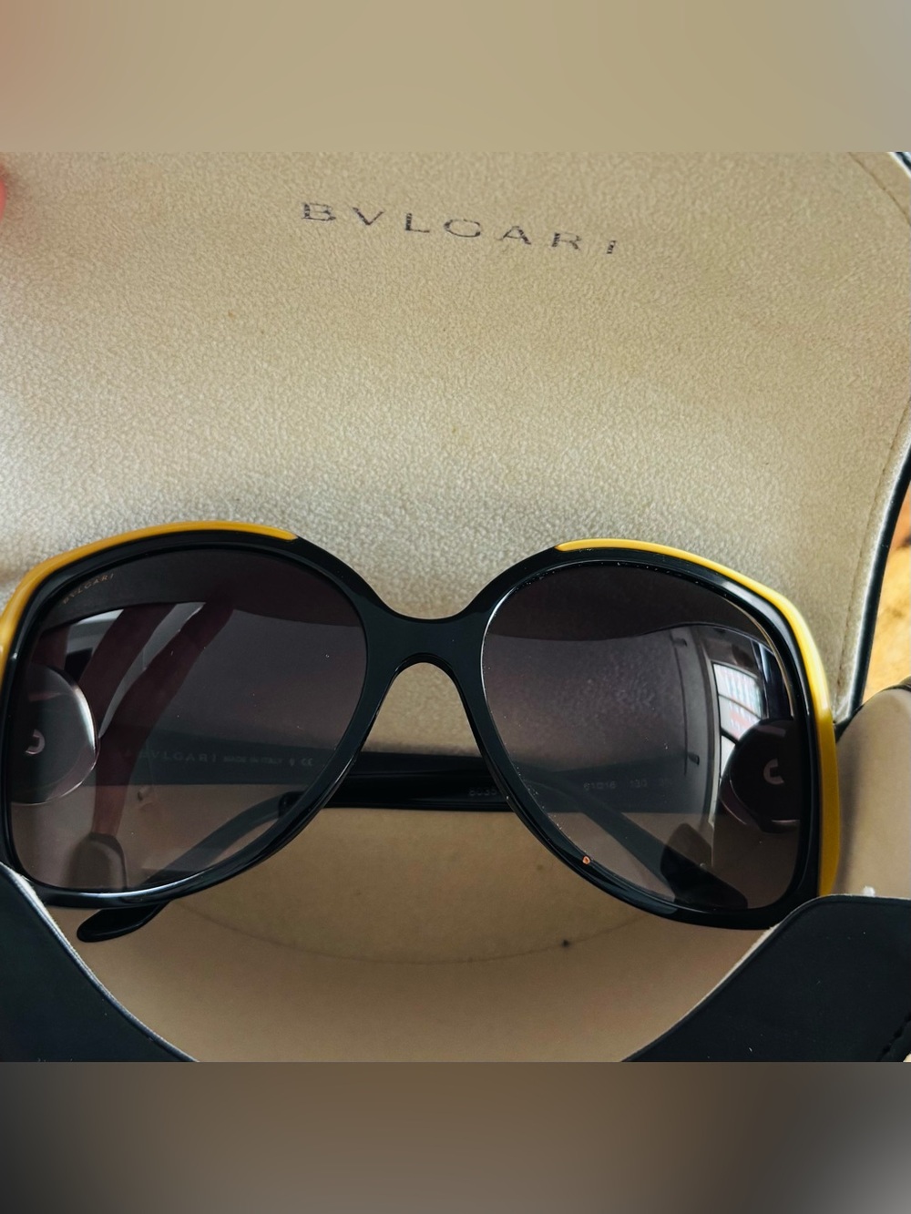 BVLGARI Women's Oversized Sunglasses Black Yellow Frame Round Butterfly Luxury